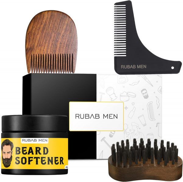 RUBAB MEN 4-in-1 Beard Grooming Kit | Brush, Comb, Shaper & Softener Balm