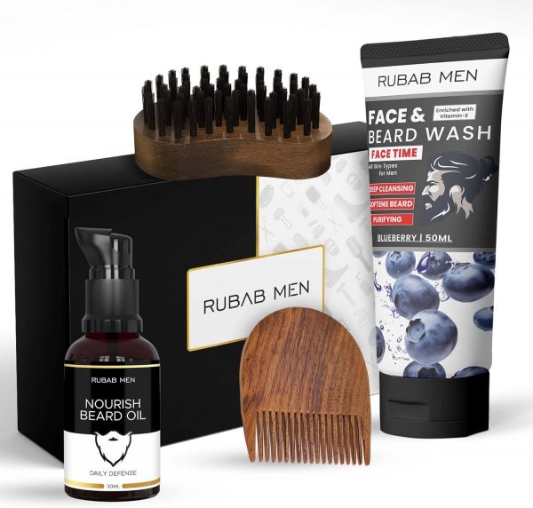Rubab Men 4-in-1 Beard Grooming Kit | Beard Oil, Wash, Brush & Comb