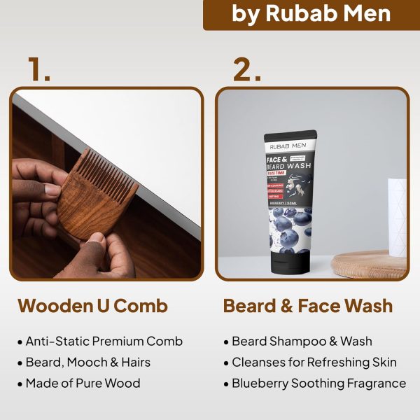 RUBAB MEN 4-in-1 Beard Grooming Kit | Brush, Comb, Shaper & Softener Balm